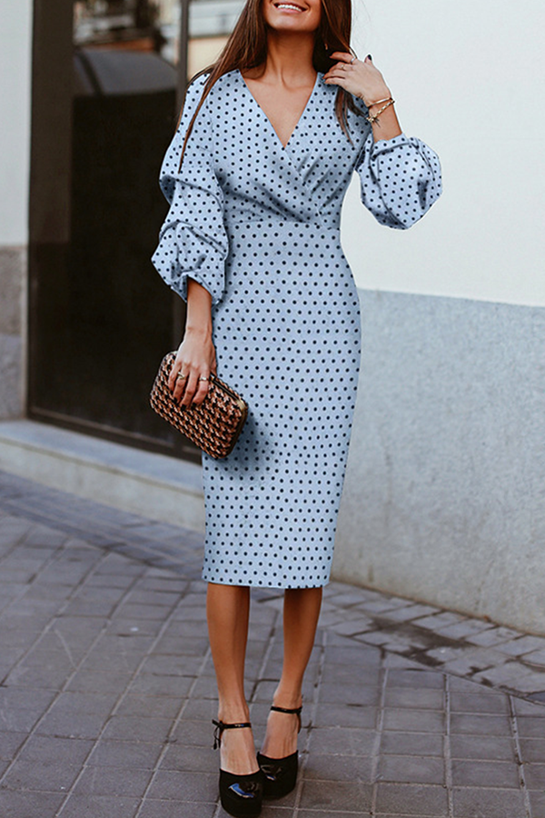 Polka Dot Patchwork Fold V Neck Waist Skirt Dresses