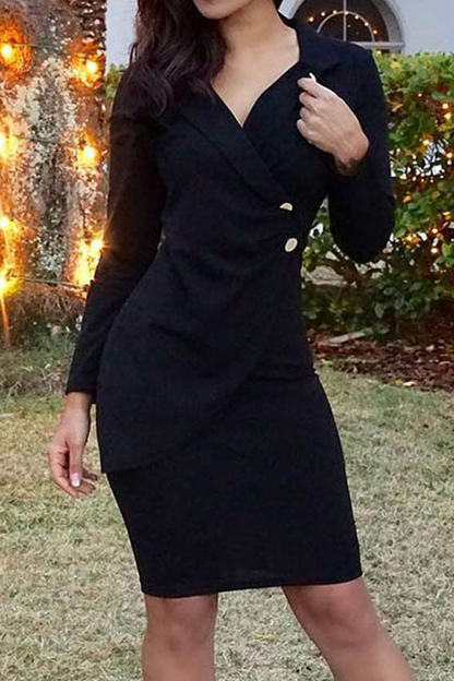Patchwork Buckle Turn-back Collar Wrapped Skirt Dresses(4 Colors)