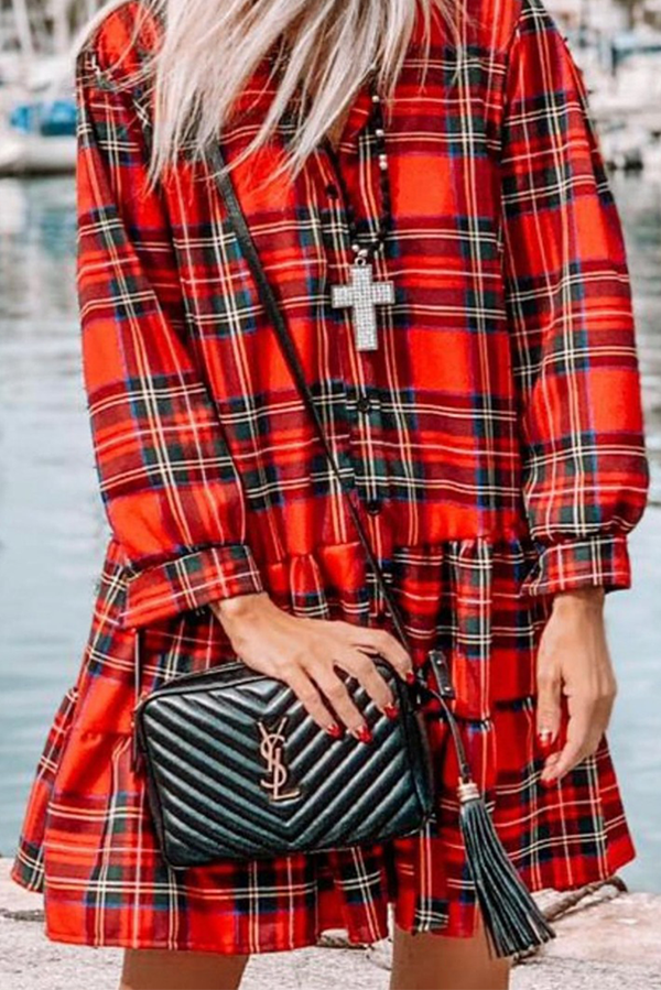 Plaid Buckle Flounce Cake Skirt Dresses