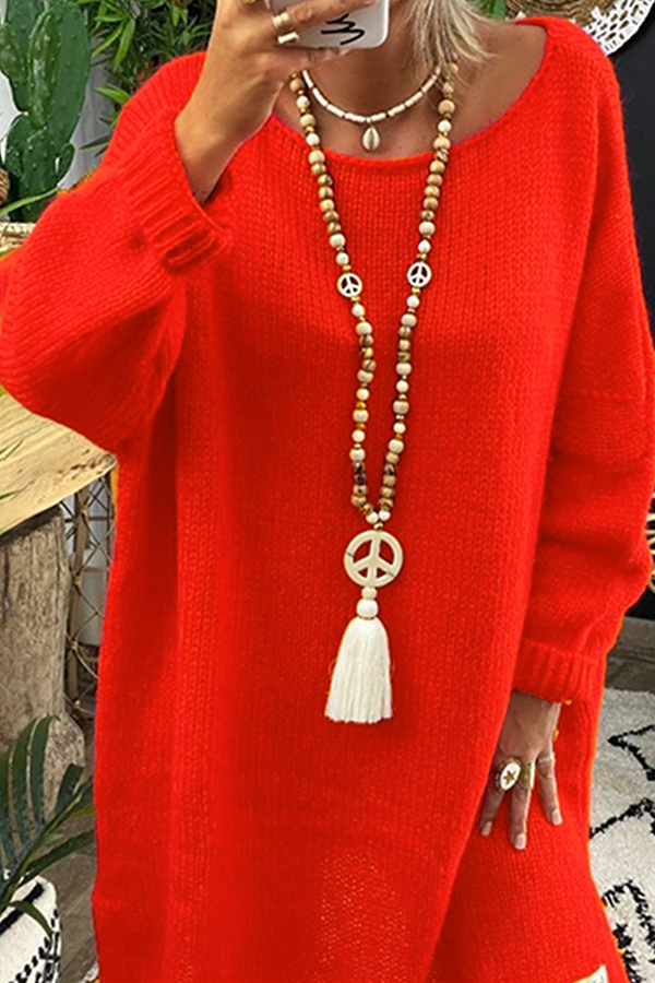 Patchwork Slit O Neck Tops Sweater