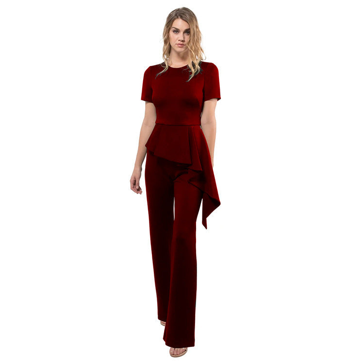 Summer Clothing Short Sleeve Lotus Leaf Jumpsuit Tight Trousers