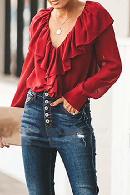 Patchwork Flounce V Neck Blouses(3 Colors)