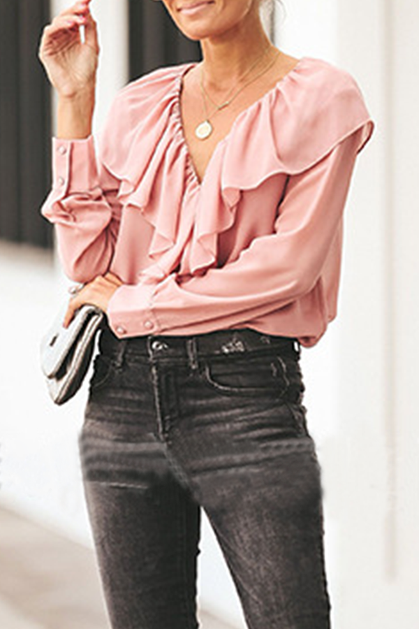 Patchwork Flounce V Neck Blouses(3 Colors)