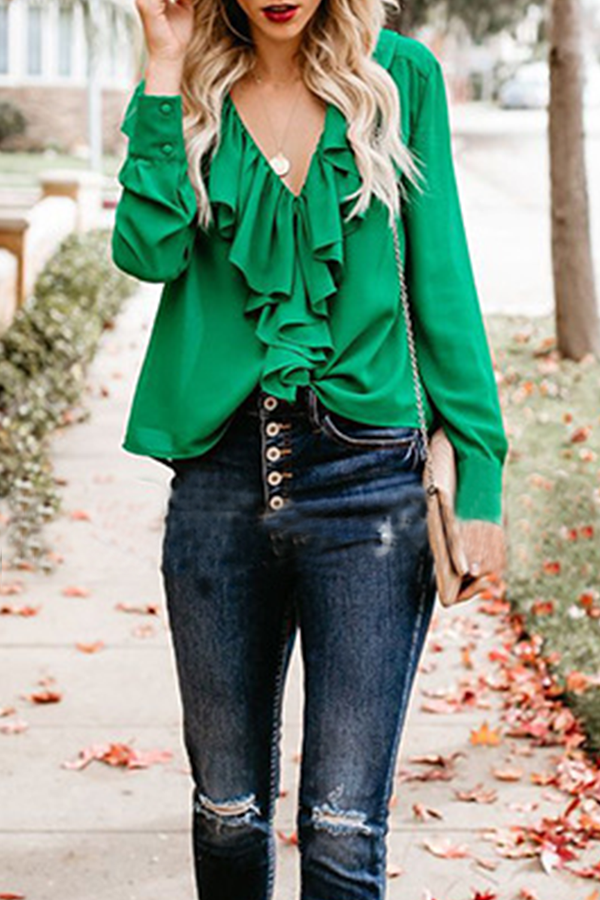 Patchwork Flounce V Neck Blouses(3 Colors)