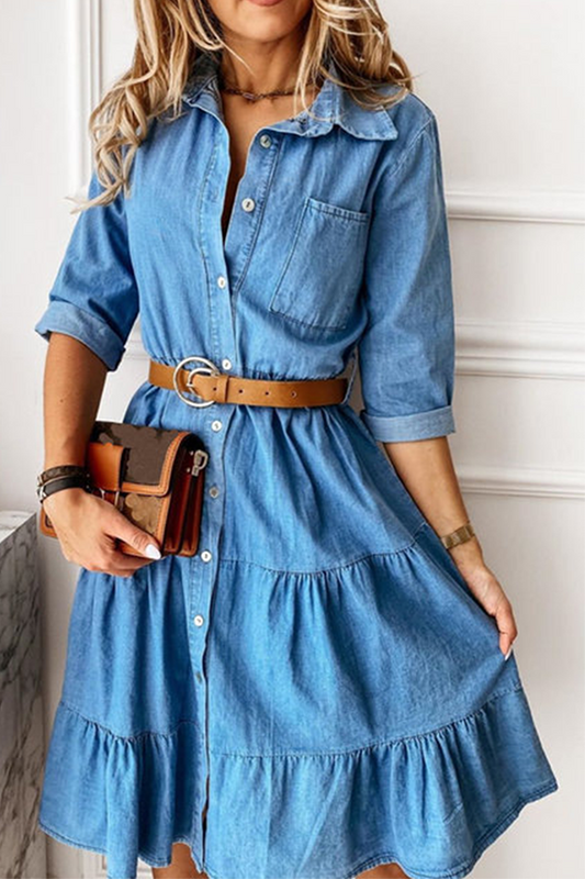 Buckle With Belt Turndown Collar Cake Skirt Dresses