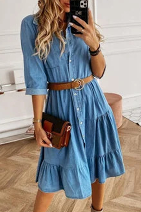 Buckle With Belt Turndown Collar Cake Skirt Dresses