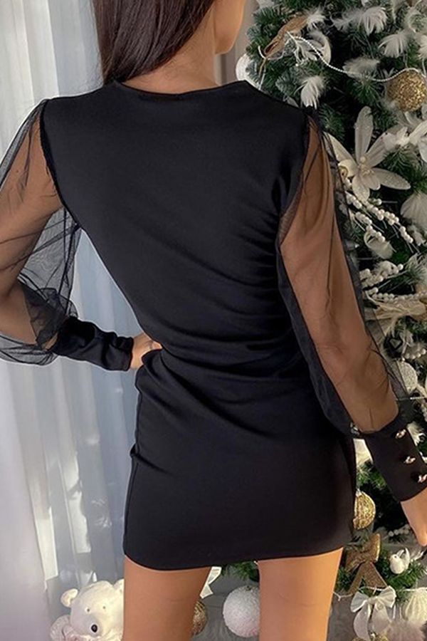 Patchwork Fold Mesh V Neck Pencil Skirt Dresses