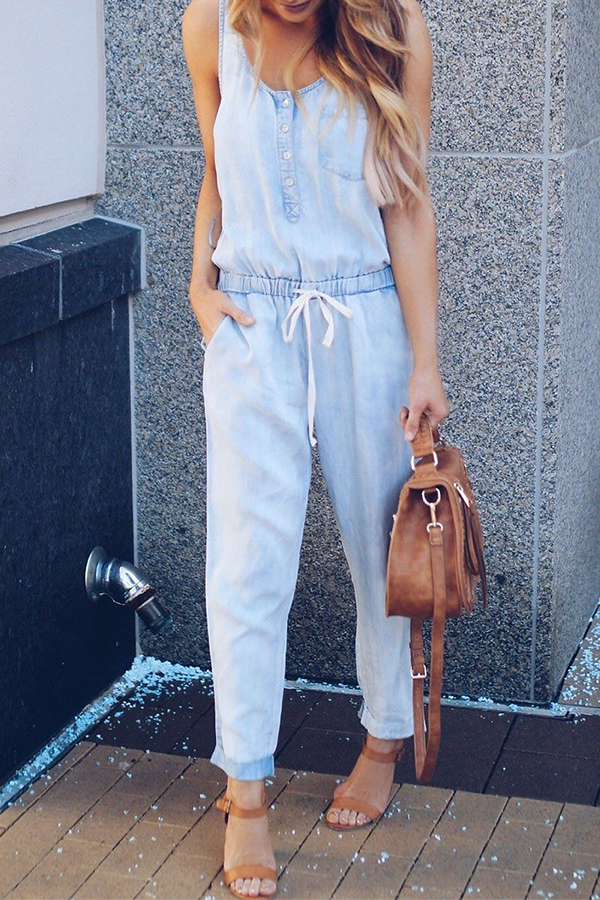 Street Frenulum Buckle U Neck Jumpsuits