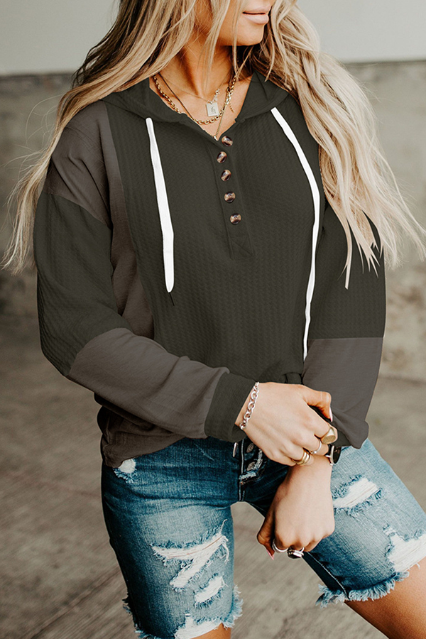 Patchwork Buckle Contrast Hooded Collar Hoodies(3 Colors)