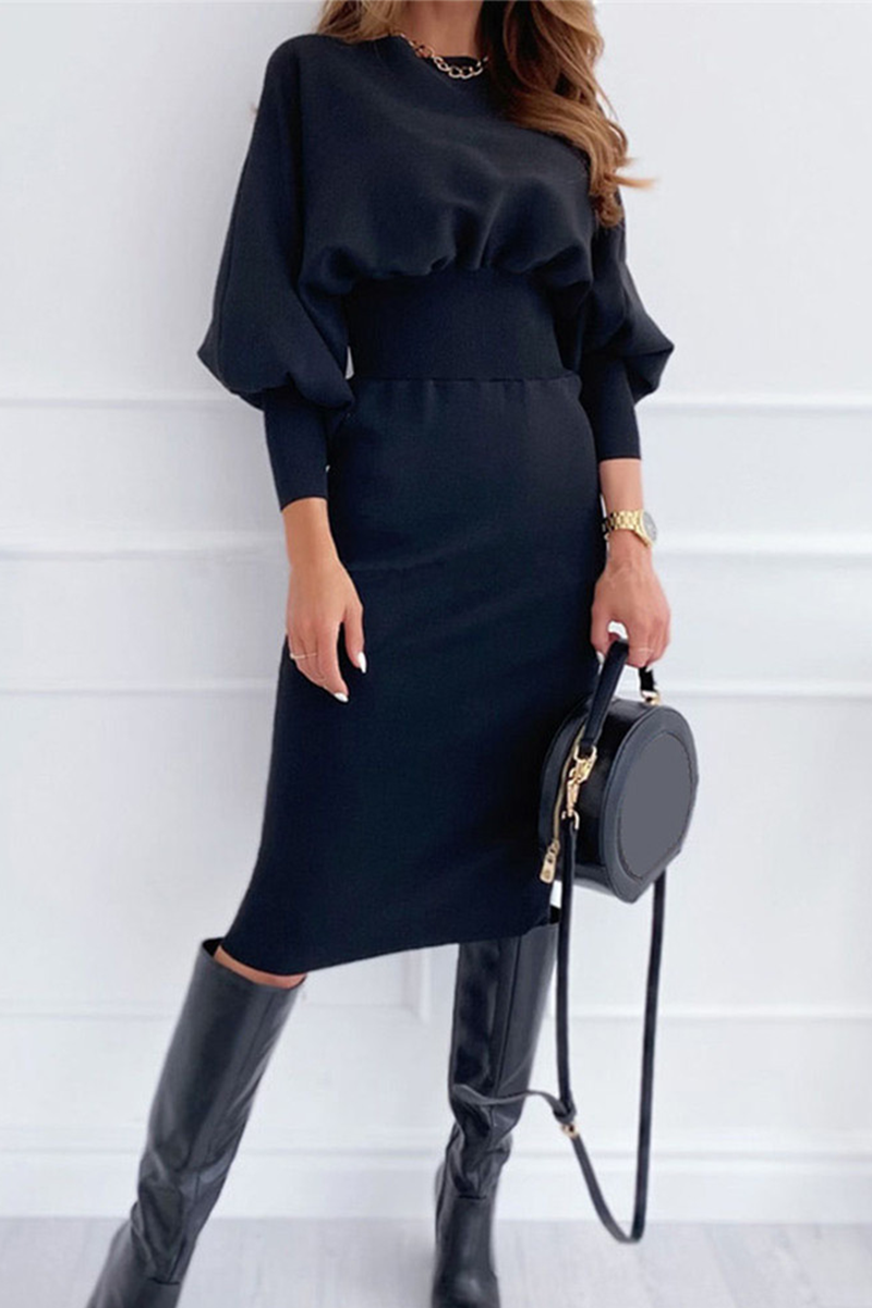 Patchwork Fold O Neck Waist Skirt Dresses(5 Colors)