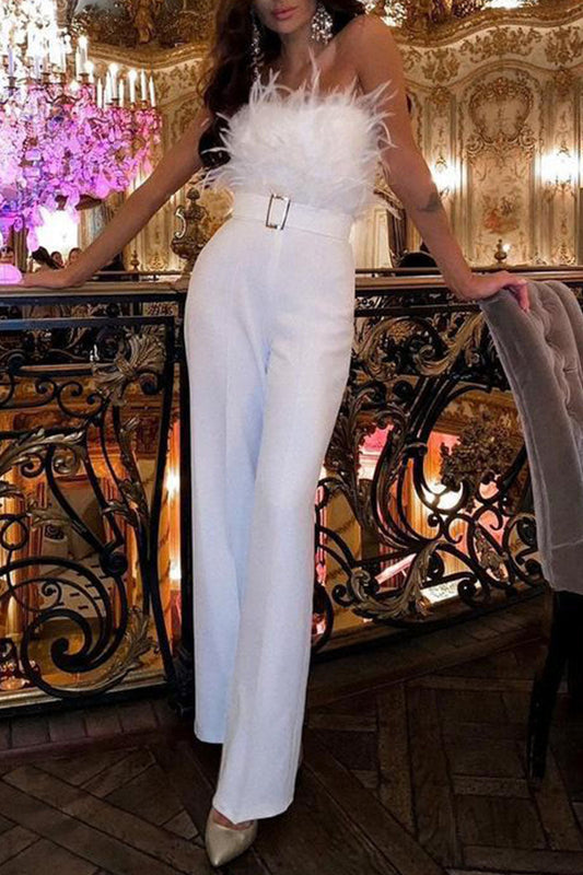 Patchwork Feathers With Belt Strapless Straight Jumpsuits(contain the Belt)(5 Colors)