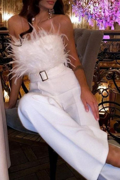 Patchwork Feathers With Belt Strapless Straight Jumpsuits(contain the Belt)(5 Colors)