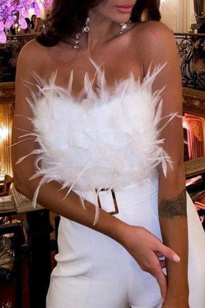 Patchwork Feathers With Belt Strapless Straight Jumpsuits(contain the Belt)(5 Colors)