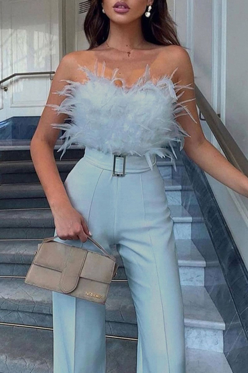 Patchwork Feathers With Belt Strapless Straight Jumpsuits(contain the Belt)(5 Colors)