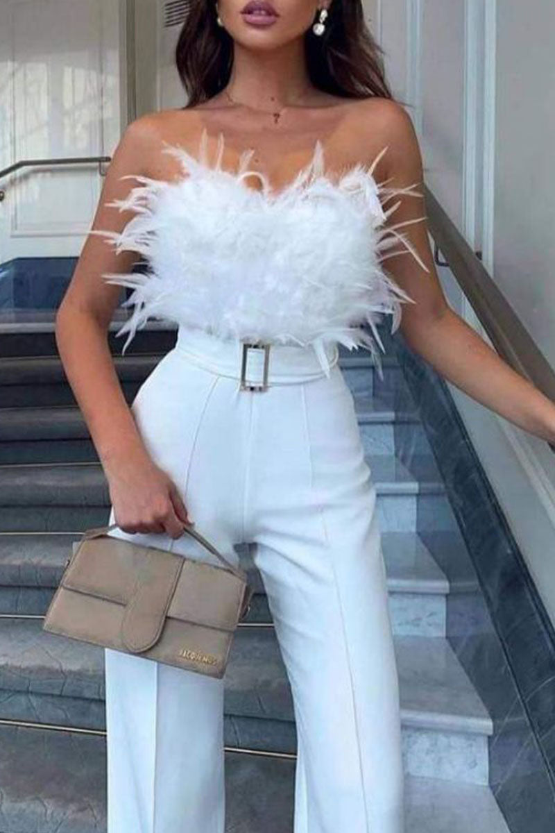 Patchwork Feathers With Belt Strapless Straight Jumpsuits(contain the Belt)(5 Colors)