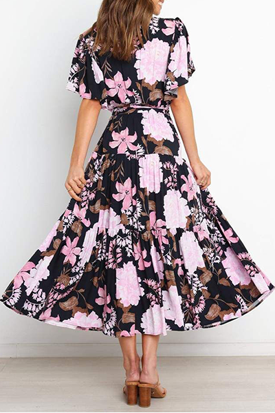Flounce Strap Design V Neck Waist Skirt Dresses(4 Colors)