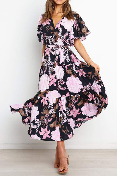 Flounce Strap Design V Neck Waist Skirt Dresses(4 Colors)