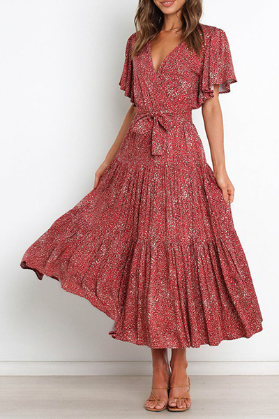 Flounce Strap Design V Neck Waist Skirt Dresses(4 Colors)