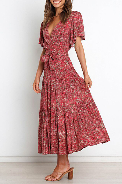 Flounce Strap Design V Neck Waist Skirt Dresses(4 Colors)