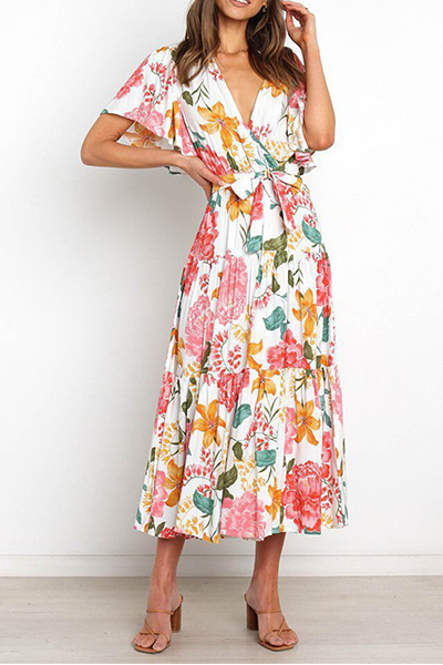 Flounce Strap Design V Neck Waist Skirt Dresses(4 Colors)