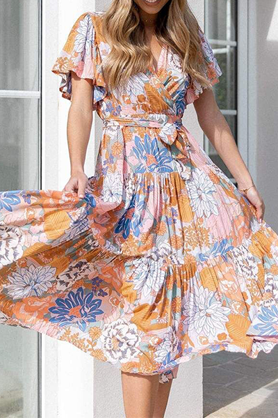 Flounce Strap Design V Neck Waist Skirt Dresses(4 Colors)