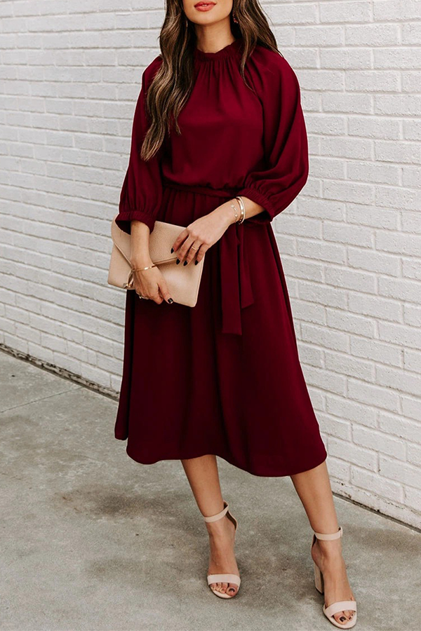 Patchwork With Belt O Neck Waist Skirt Dresses