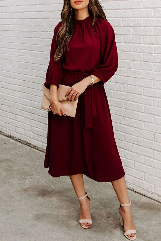 Patchwork With Belt O Neck Waist Skirt Dresses