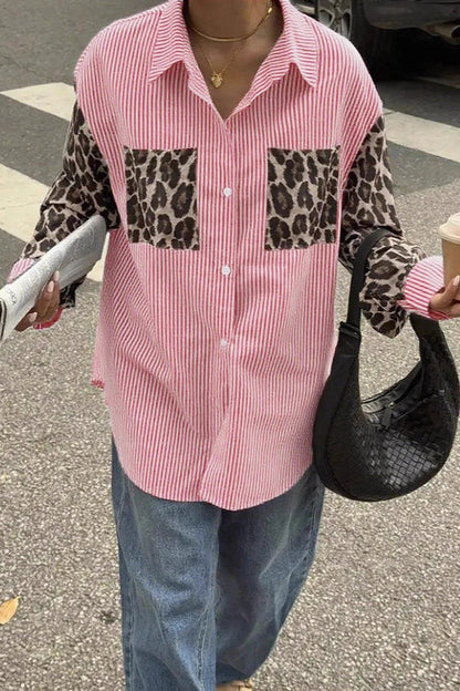 Stripe Leopard Patchwork Long Sleeve Blouse