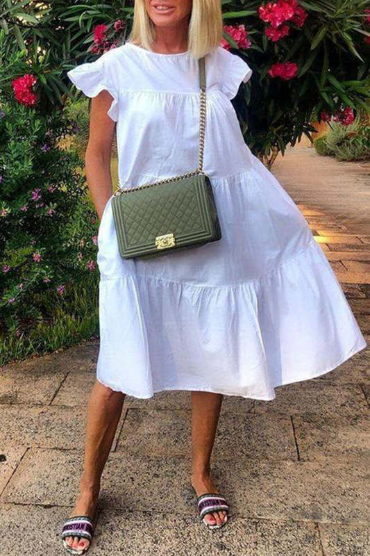 Flounce O Neck Cake Skirt Dresses(6 Colors)