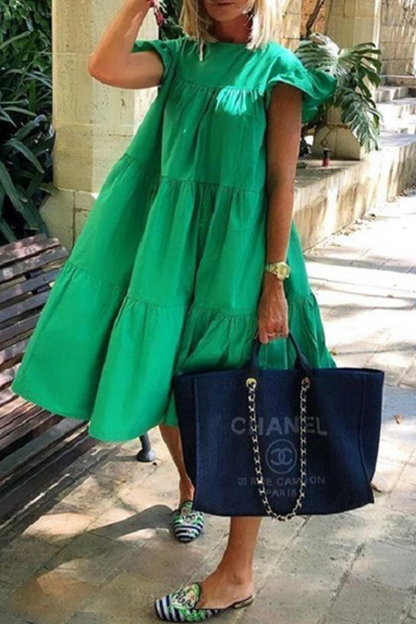 Flounce O Neck Cake Skirt Dresses(6 Colors)