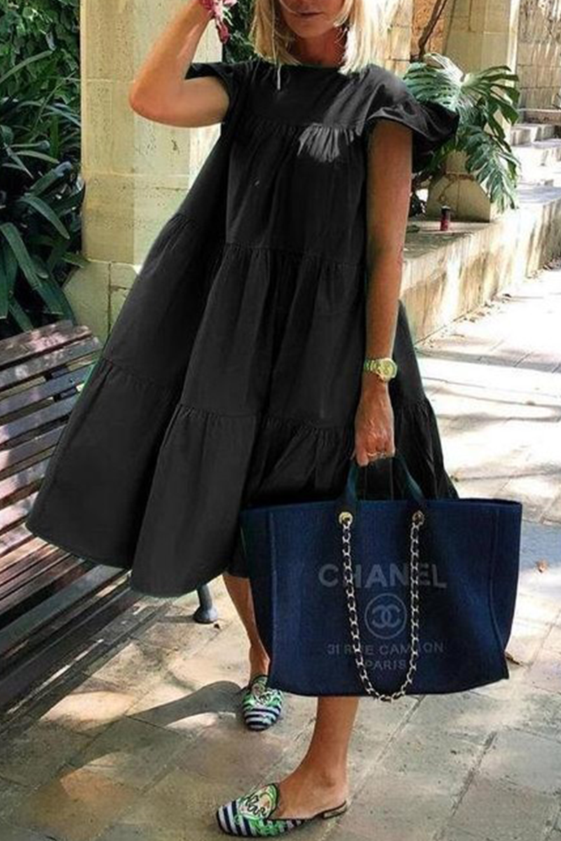 Flounce O Neck Cake Skirt Dresses(6 Colors)