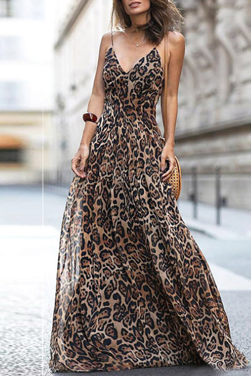 Leopard Split Joint Spaghetti Strap Cake Skirt Dresses