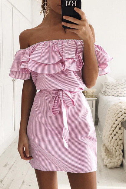 Striped Flounce Off the Shoulder Pencil Skirt Dresses(4 Colors)