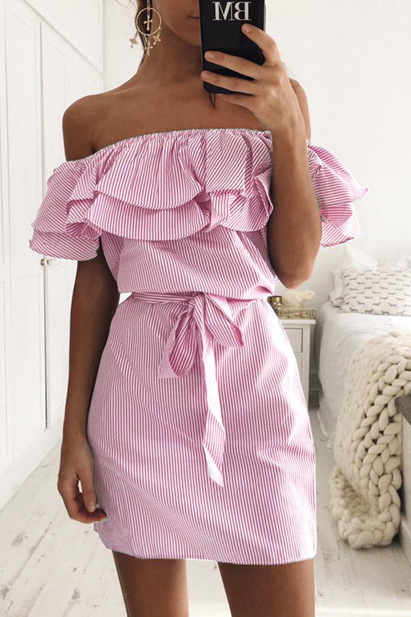 Striped Flounce Off the Shoulder Pencil Skirt Dresses(4 Colors)
