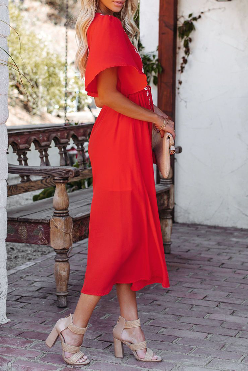 Print Patchwork V Neck Cake Skirt Dresses(3 Colors)