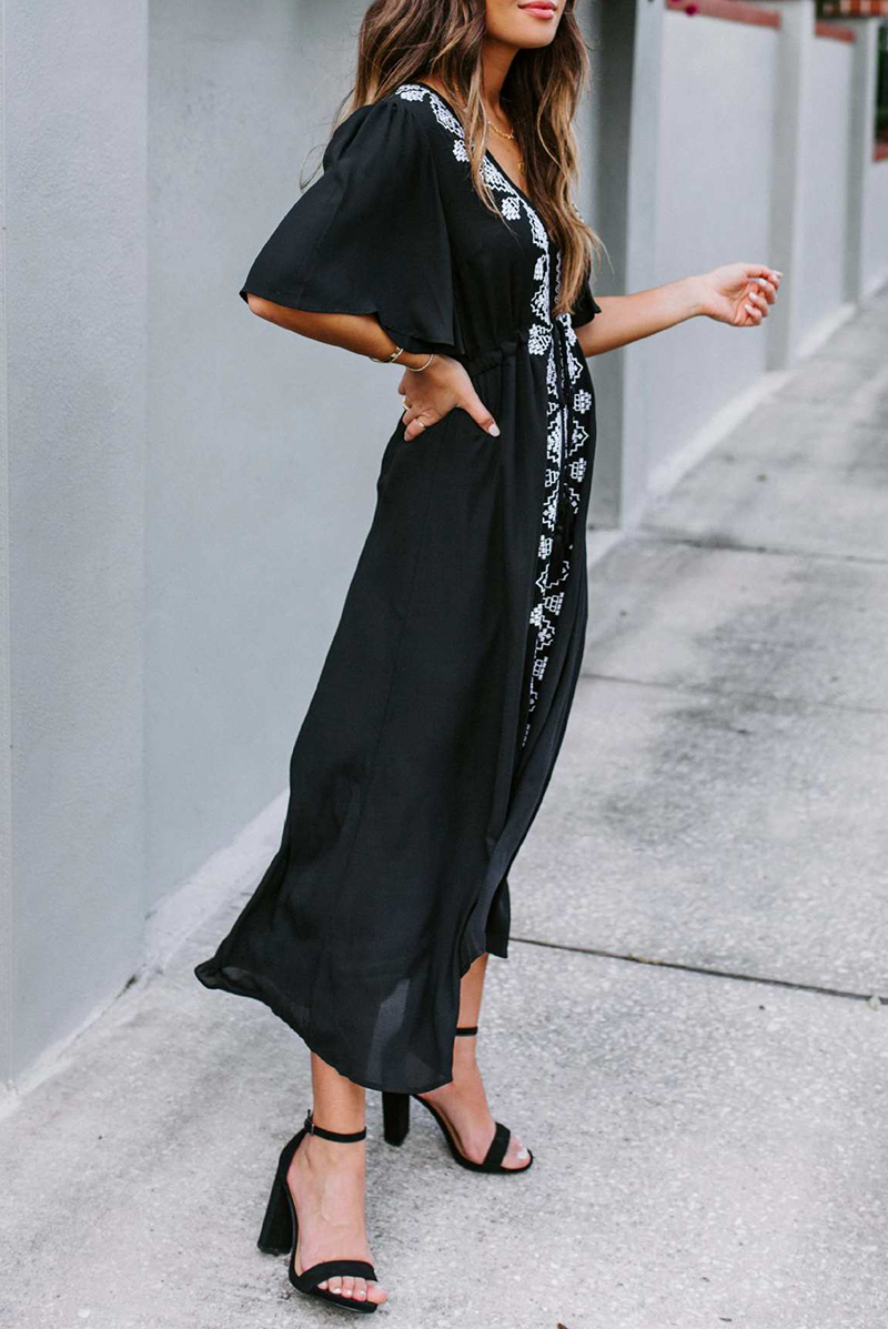 Print Patchwork V Neck Cake Skirt Dresses(3 Colors)