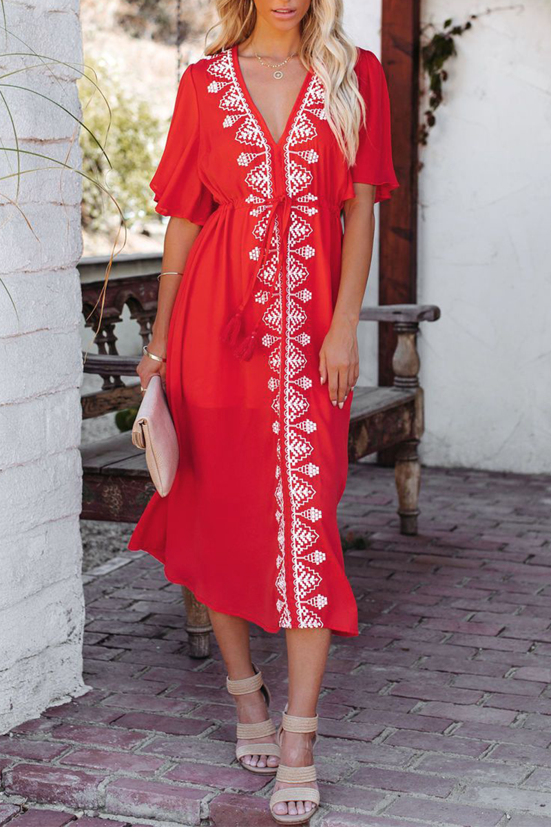 Print Patchwork V Neck Cake Skirt Dresses(3 Colors)