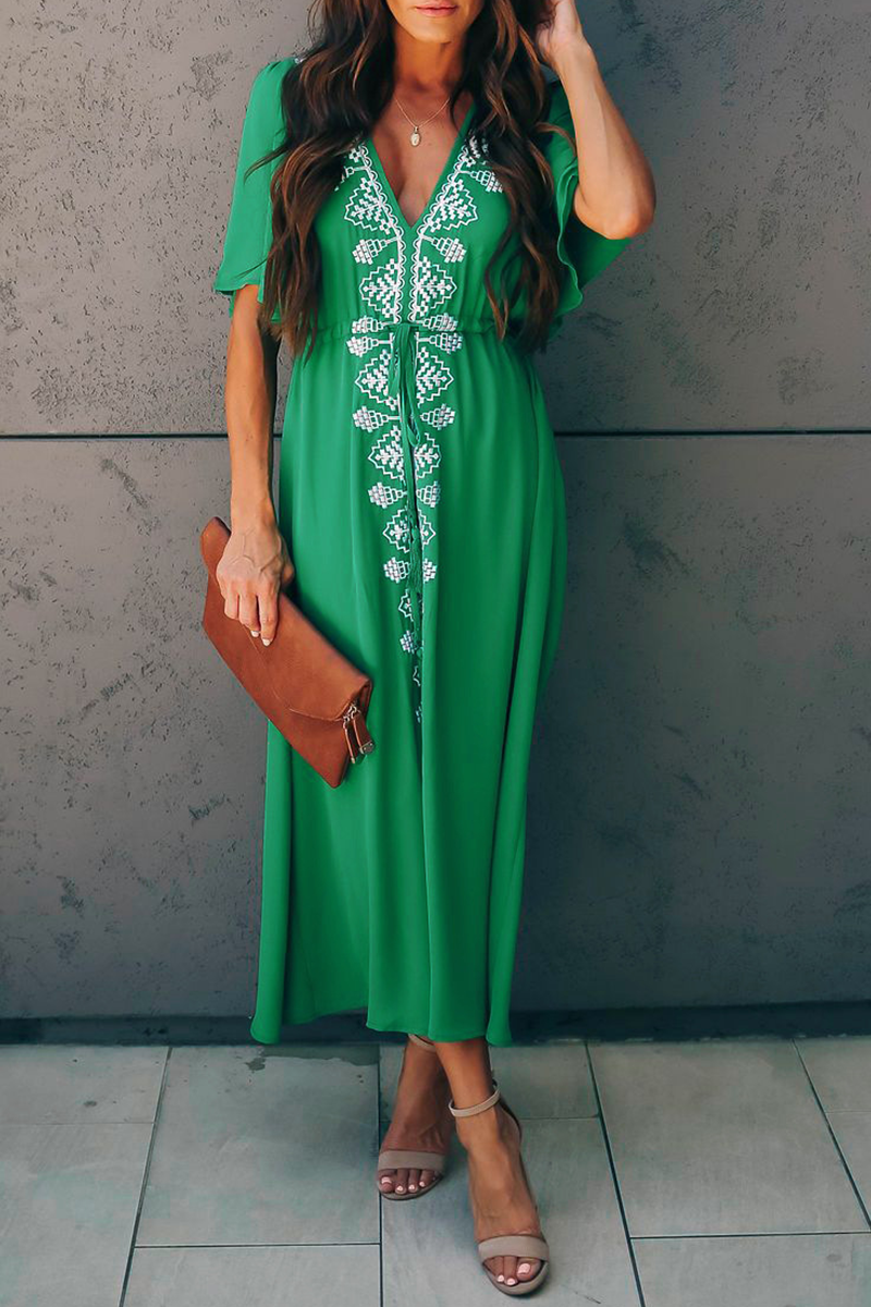 Print Patchwork V Neck Cake Skirt Dresses(3 Colors)