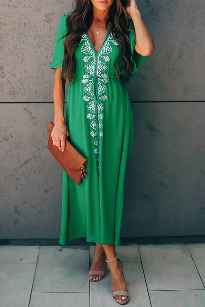 Print Patchwork V Neck Cake Skirt Dresses(3 Colors)