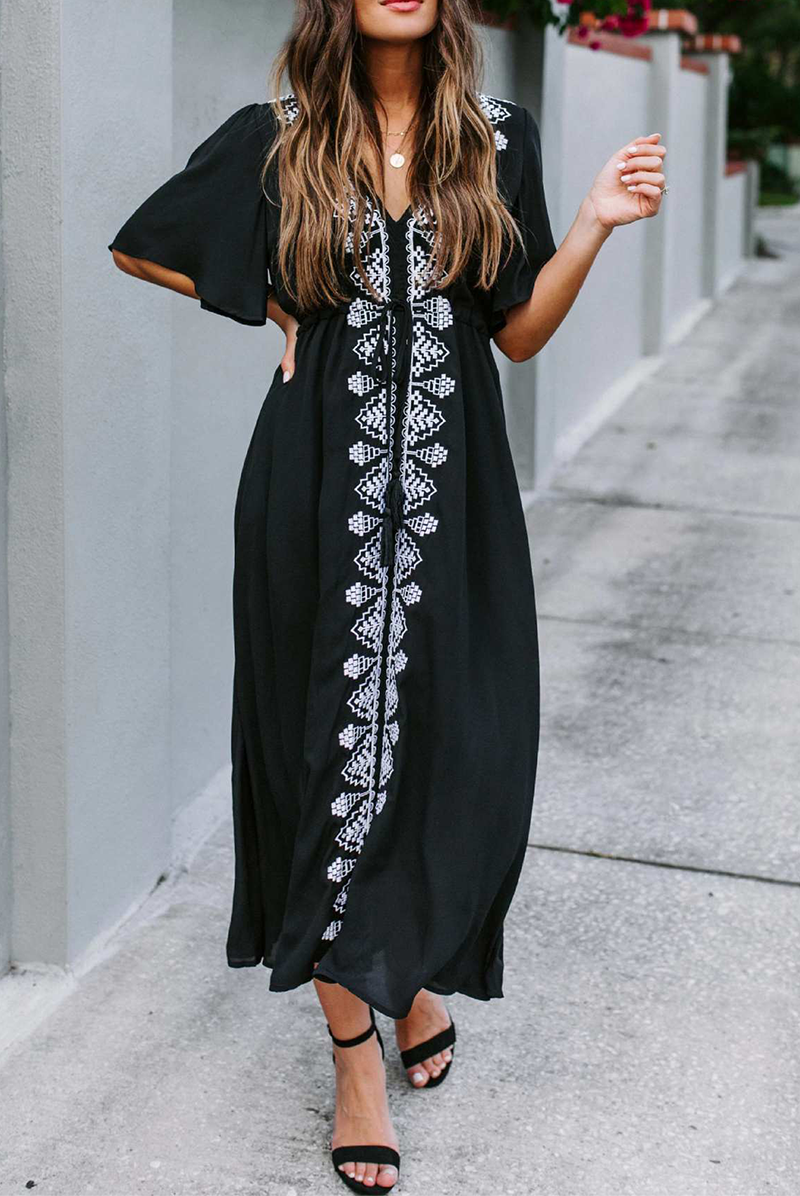 Print Patchwork V Neck Cake Skirt Dresses(3 Colors)