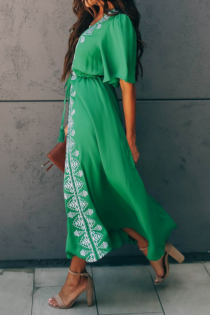 Print Patchwork V Neck Cake Skirt Dresses(3 Colors)