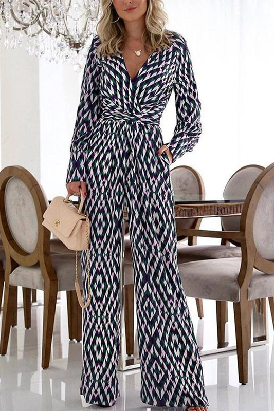 Print Split Joint V Neck Boot Cut Jumpsuits