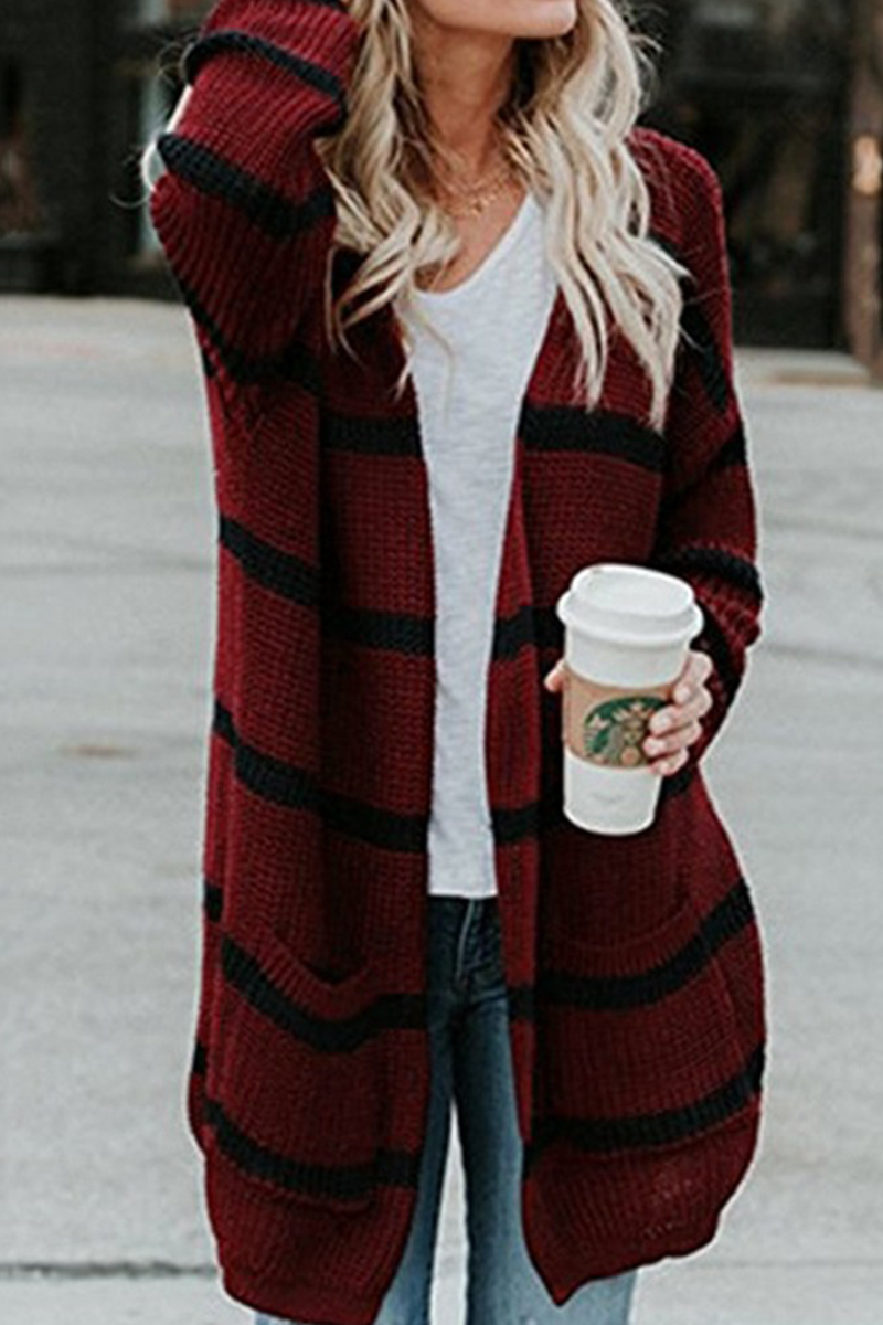 Striped Split Joint Cardigan Collar Outerwear