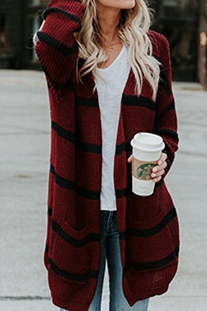 Striped Split Joint Cardigan Collar Outerwear