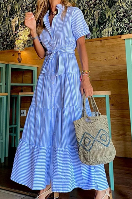 Striped Turndown Collar Cake Skirt Dresses