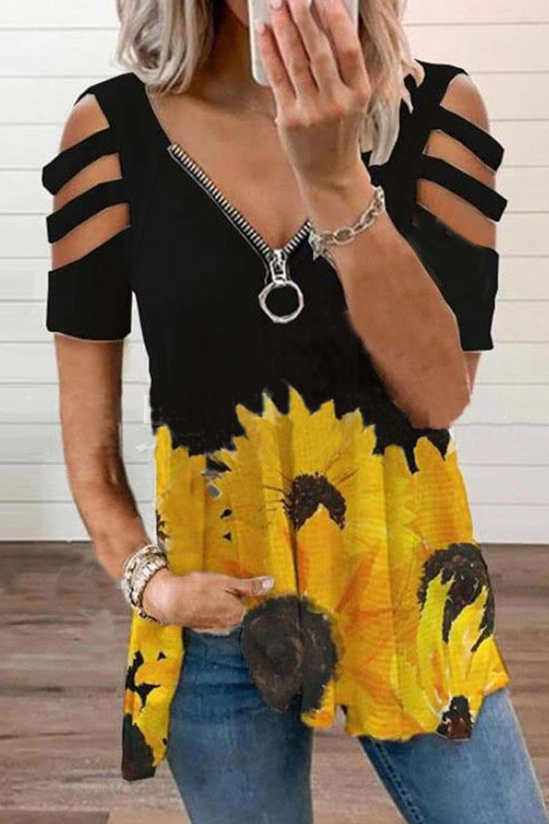 Print Patchwork V Neck T-shirts(3 Colors)