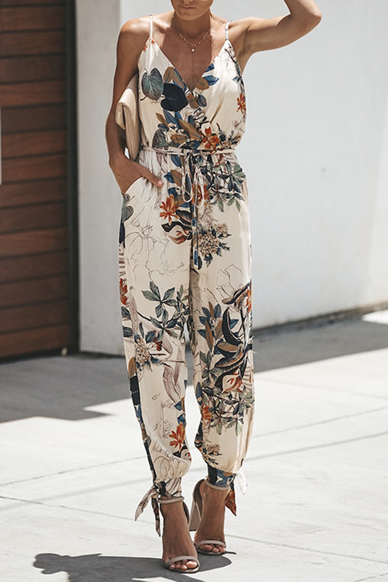 Print Patchwork Spaghetti Strap Harlan Jumpsuits(4 Colors)