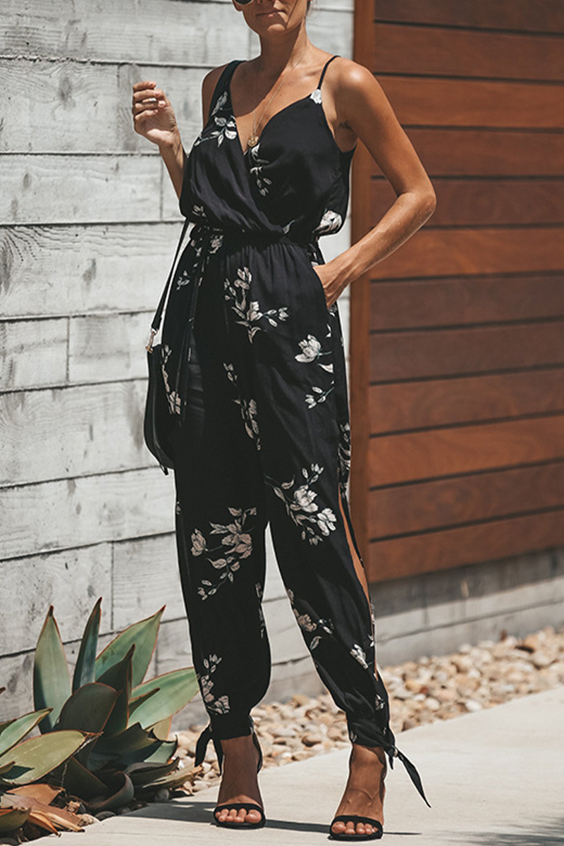 Print Patchwork Spaghetti Strap Harlan Jumpsuits(4 Colors)