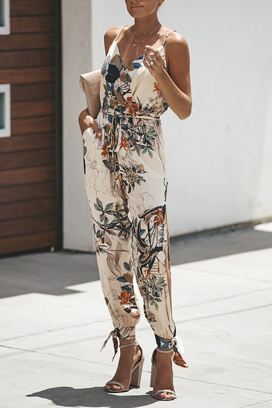 Print Patchwork Spaghetti Strap Harlan Jumpsuits(4 Colors)