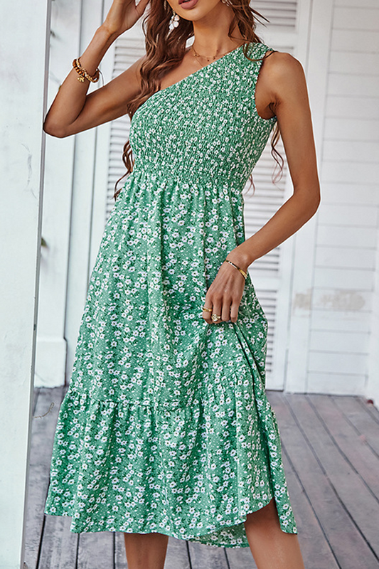 Print Patchwork One Shoulder Cake Skirt Dresses(4 Colors)